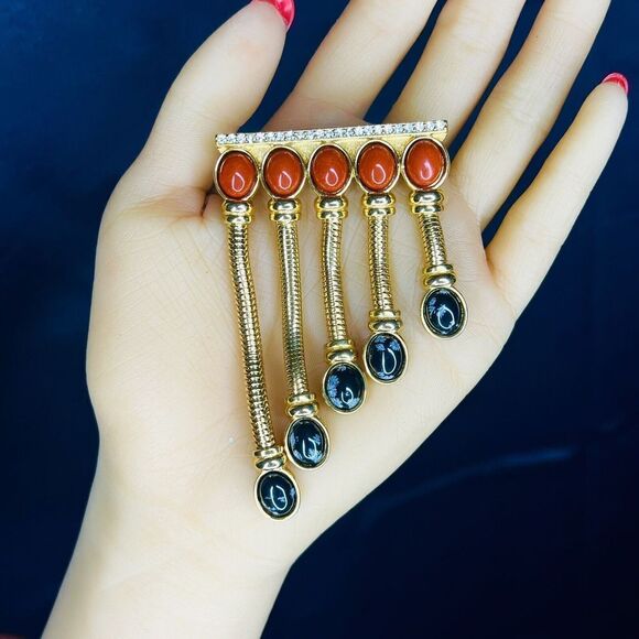 Vintage Huge Dangle Brooch Black Rusty Red Cabochon Stones Gold Tone OOAK 4241 - Picture 9 of 12